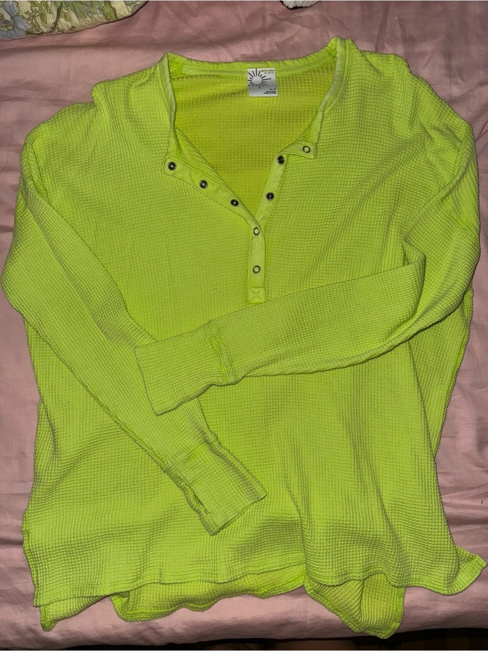 Aerie Neon Lime Long-Sleeve Waffle Henley Shirt - Unbranded